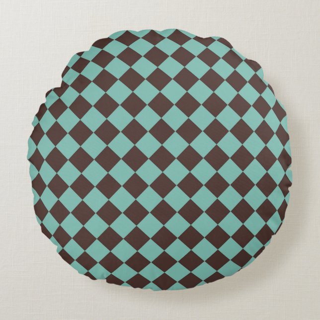 Coussins Ronds Motif diamant à carreaux brun sarcelle  (Devant)