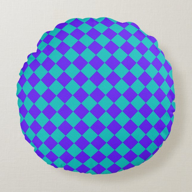 Coussins Ronds Motif diamant à carreaux sarcelle violet  (Devant)