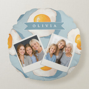 Coussins Ronds Motif d'oeuf frit personnalisé amusant bleu drôle