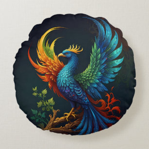 Coussins Ronds Motif d'oiseau phénix à plumes colorées