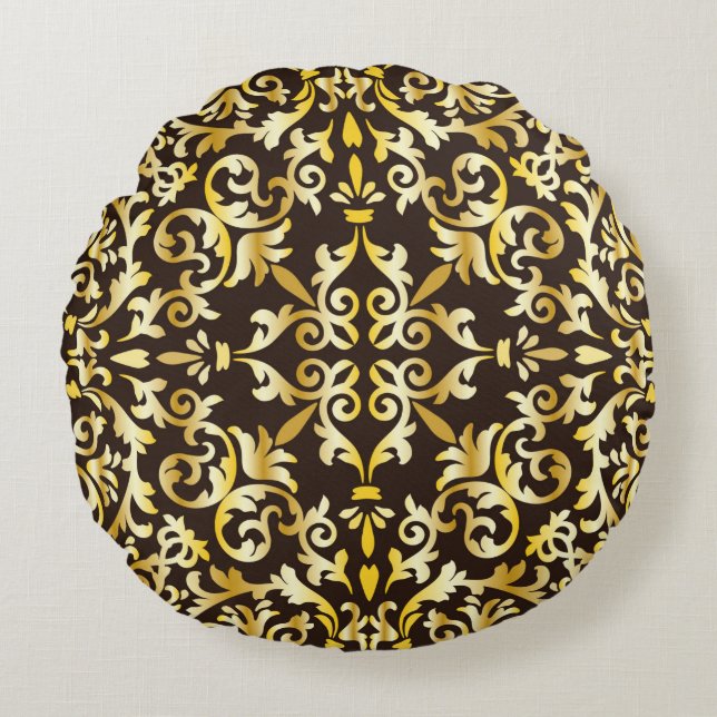 Coussins Ronds Motif doré baroque sans couture sur fond noir (Devant)