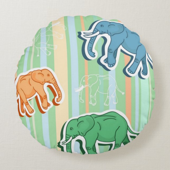 Coussins Ronds Motif éléphant sur bandes vertes (Devant)
