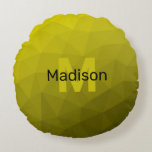 Coussins Ronds Motif en maille géométrique gris foncé jaune<br><div class="desc">Monogramme Personnalisez avec votre initiale et votre nom personnalisés. Motif de maillage géométrique dégradé d'or jaune. Triangle maillage géométrique avec dégradé noir foncé jaune clair. motif,  ombre,  maillage,  triangles,  géométrie,  géométrique,  dégradé,  cool,  triangle,  lumineux,  motif,  numérique,  jaune,  or,  noir</div>