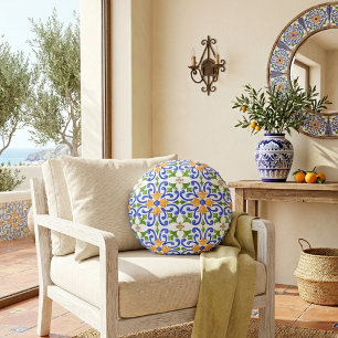 Coussins Ronds Motif espagnol bleu orange vert de style méditerra