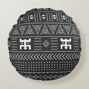 Coussins Ronds Motif ethnique tribal noir et blanc avec géométrie