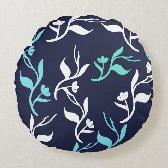 Coussins Ronds Motif Feuille blanc Turquoise (Devant)