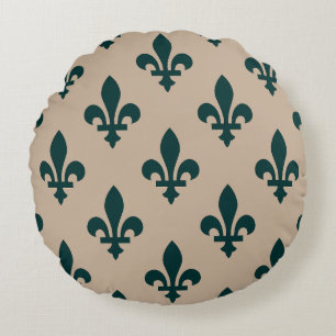 Coussins Ronds Motif Fleur de Lis, Vert Royal Français sur Crème