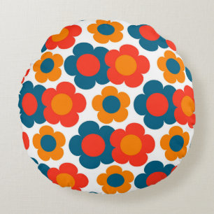 Coussins Ronds Motif fleur hippie bleu orange preppy
