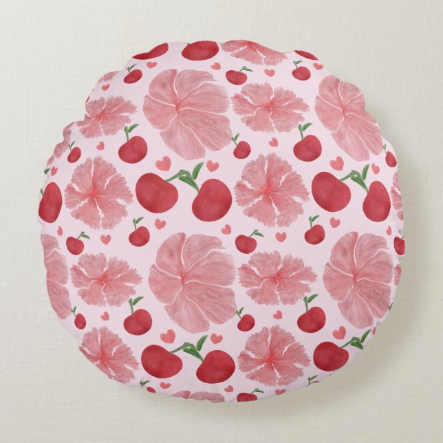Coussins Ronds Motif floral à la cerise aquarelle, Cerises mignon (Devant)