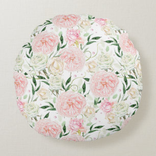 Coussins Ronds Motif floral aquarelle rose tendre et pivoine