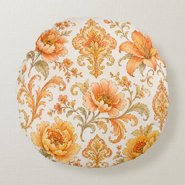 Coussins Ronds Motif Floral Baroque Vintage – Orange Chaud / Or (Devant)