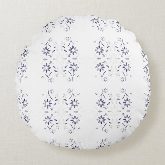 Coussins Ronds Motif floral bleu et blanc délavé (Devant)