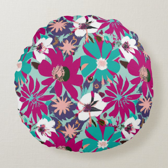 Coussins Ronds Motif floral bleu et violet (Devant)