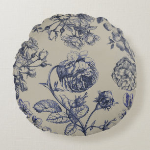 Coussins Ronds Motif floral botanique toile bleue vintage antique