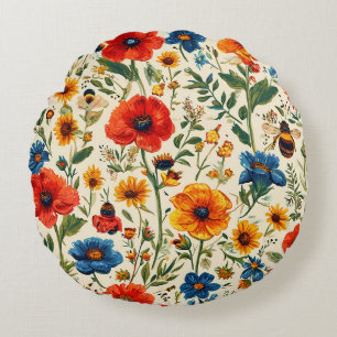 Coussins Ronds Motif floral coloré avec abeilles