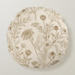 Coussins Ronds Motif floral de dessin au trait botanique sépia an
