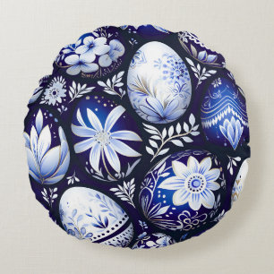 Coussins Ronds Motif floral de Pâques bleu scandinave