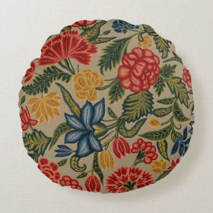 Coussins Ronds Motif floral en broderie laine vintage rouge et or