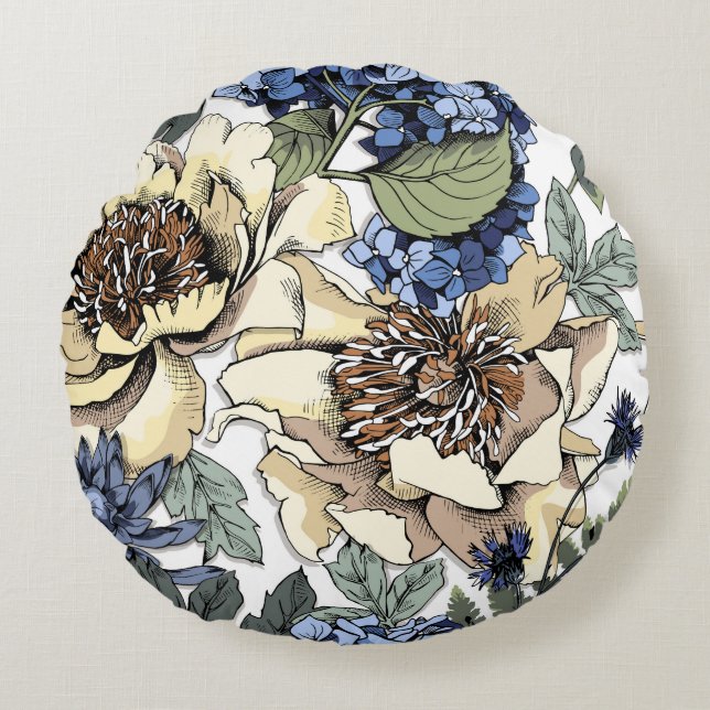 Coussins Ronds Motif floral incomparable. Hydrangea, Peony, wildf (Devant)
