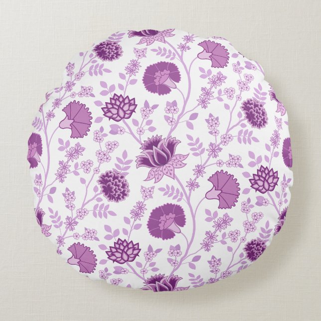 Coussins Ronds Motif floral jacobéen rose sur blanc (Devant)