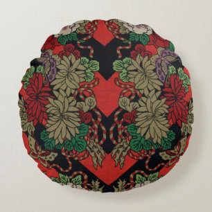 Coussins Ronds Motif floral japonais vintage pivoine rouge noir