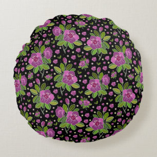Coussins Ronds Motif floral lilas rose vert noir