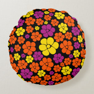 Coussins Ronds Motif floral - Noir, Rose, Orange et Jaune