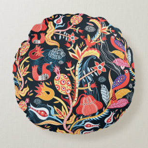 Coussins Ronds motif floral ornemental avec oiseaux sur fond noir