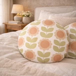 Coussins Ronds Motif floral rétro rose pastel du milieu du siècle