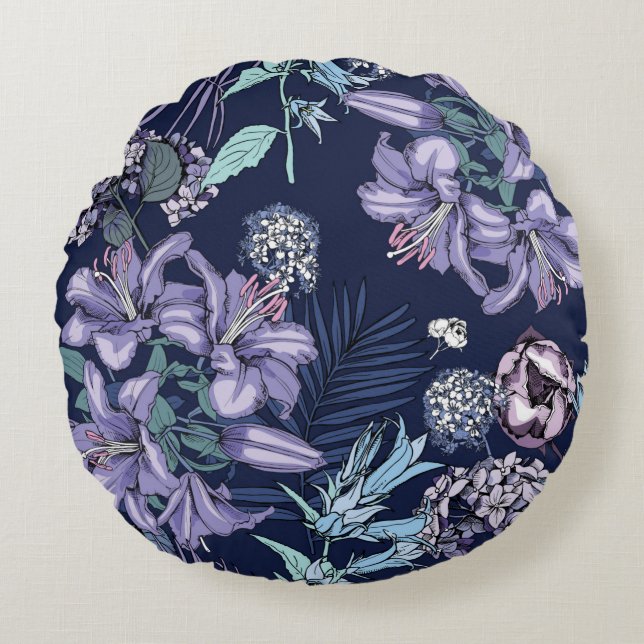 Coussins Ronds Motif floral sans soudure. Il y a Lily, Hydrangea (Devant)