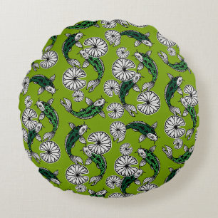Coussins Ronds Motif folklorique de carpe vert indigo japonais