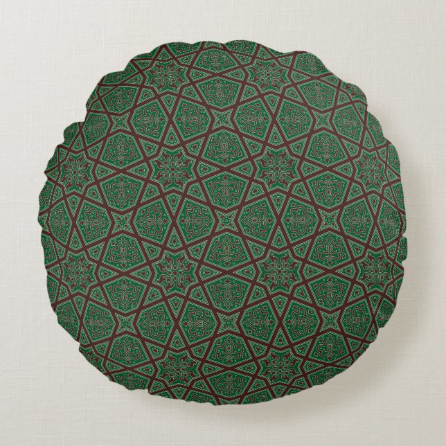 Coussins Ronds Motif géométrique arabe égyptien en vert brun (Devant)