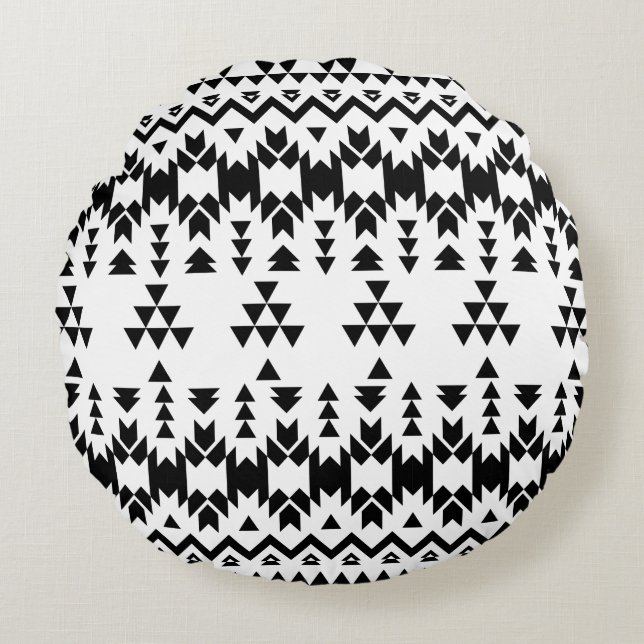 Coussins Ronds Motif géométrique Aztec noir et blanc (Devant)