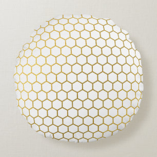Coussins Ronds Motif géométrique Hexagon blanc et or