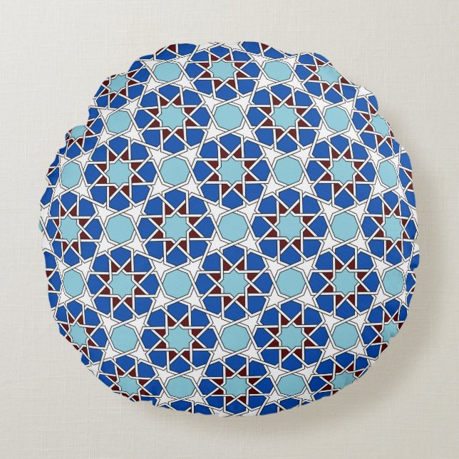Coussins Ronds Motif géométrique marocain bleu islamique (Devant)