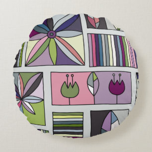 Coussins Ronds motif géométrique vintage, coloré et dessiné à la