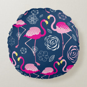 Coussins Ronds Motif graphique de flamants roses sur un bleu fonc