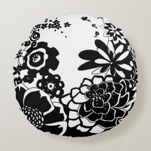 Coussins Ronds Motif graphique de jardin floral noir et blanc