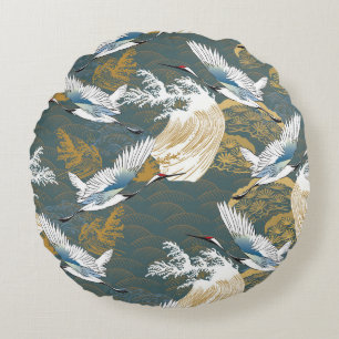 Coussins Ronds Motif japonais Vintage Crane Birds