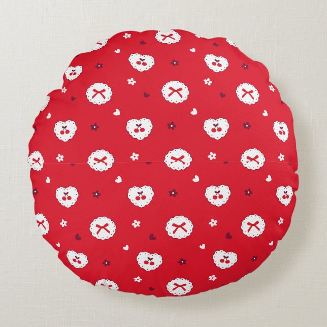 Coussins Ronds Motif Kawaii Cherries et Bows (Devant)