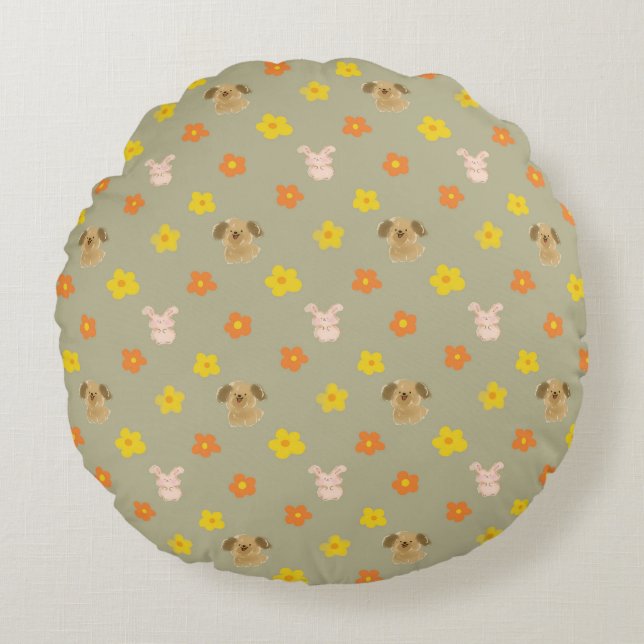 Coussins Ronds Motif lapin et chiot (Devant)