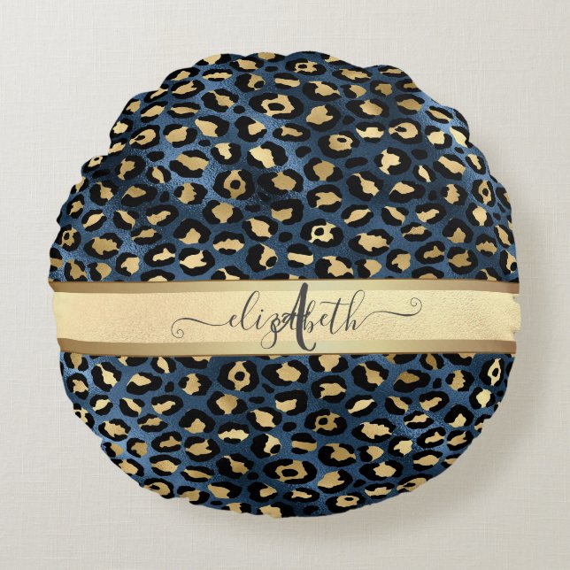 Coussins Ronds Motif léopard bleu or monogramme (Devant)