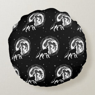 Coussins Ronds Motif Linocut Husky Moon Black & White Howling