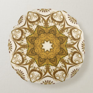 Coussins Ronds Motif Mandala Batik Moutarde Or et Crème  