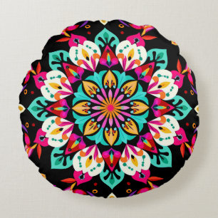 Coussins Ronds Motif Mandala Floral Coloré