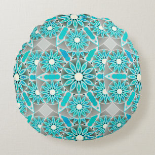 Coussins Ronds Motif mandala, turquoise, gris argenté et blanc