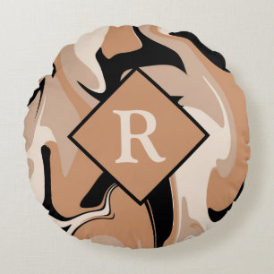 Coussins Ronds Motif Marbré Noir Marron Crème avec Monogramme