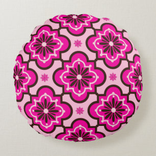 Coussins Ronds Motif marocain de tuile, rose et noir fuchsia
