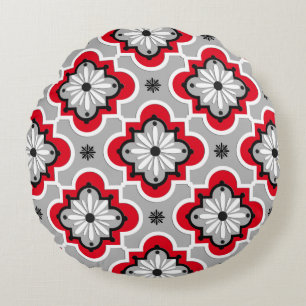 Coussins Ronds Motif marocain en tuiles - Gris et Rouge