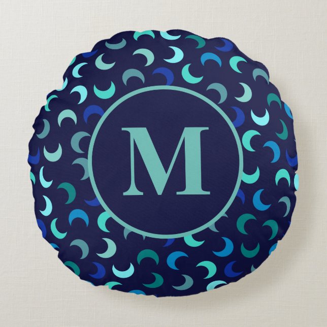 Coussins Ronds Motif Monogram Blue New Moon (Devant)